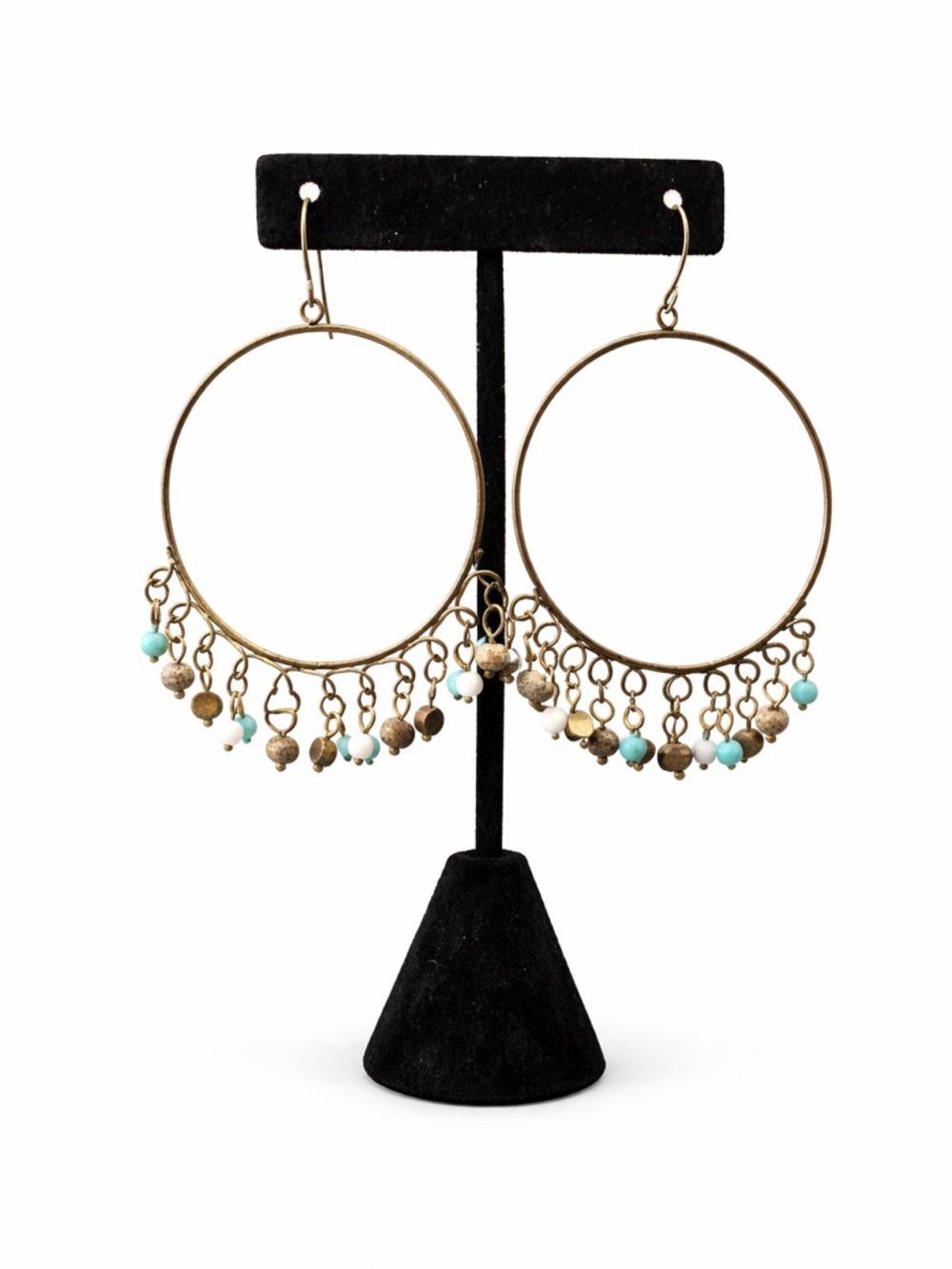 Gold Hoop Earrings with Turquoise Bead Fringe